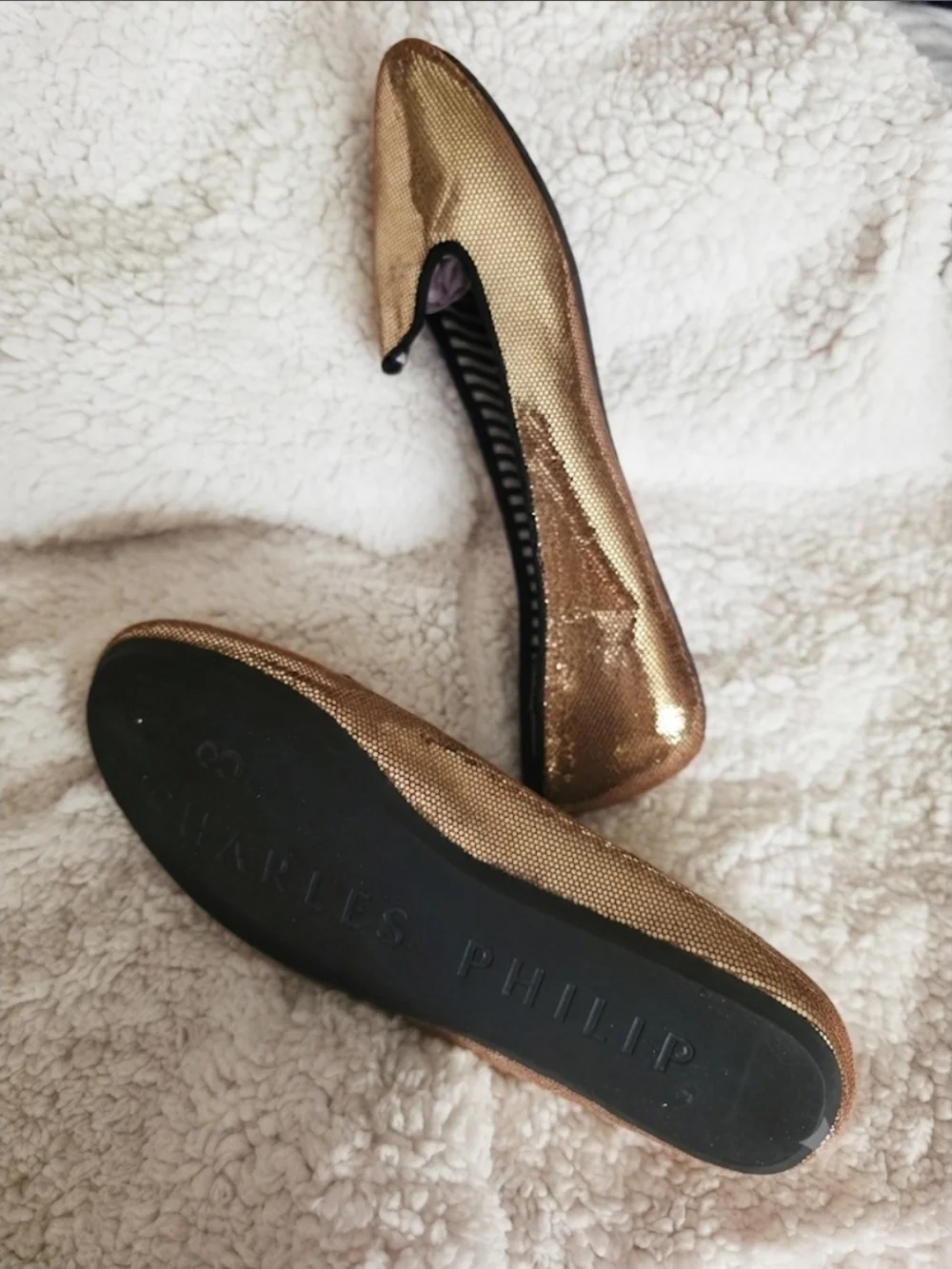Gold Sequin Slip-On Flats with Black Trim